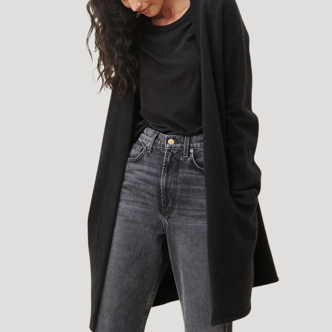 Women’s smart longline cardigan with pockets – open front knit layering piece