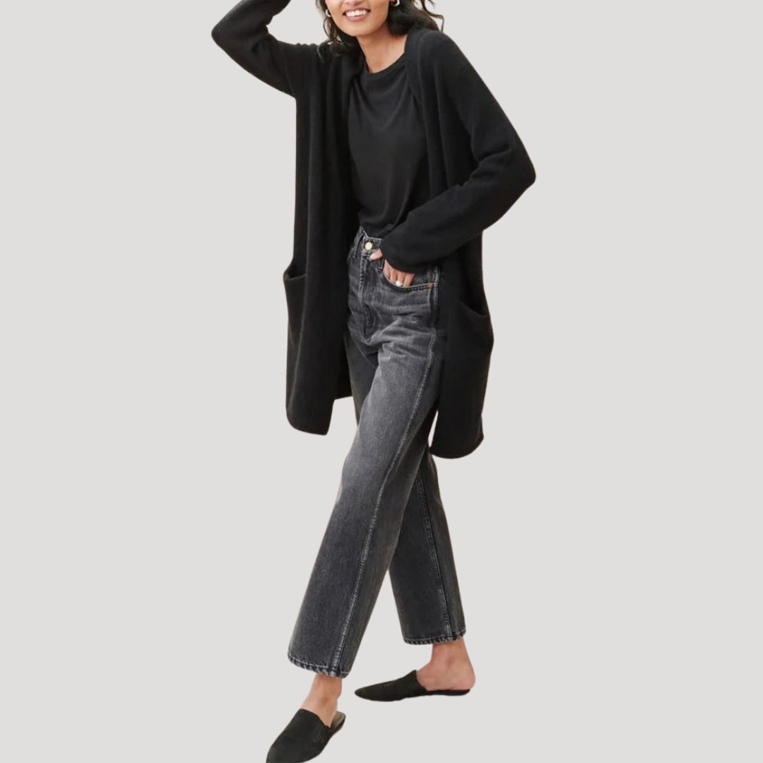 Women’s smart longline cardigan with pockets – open front knit layering piece