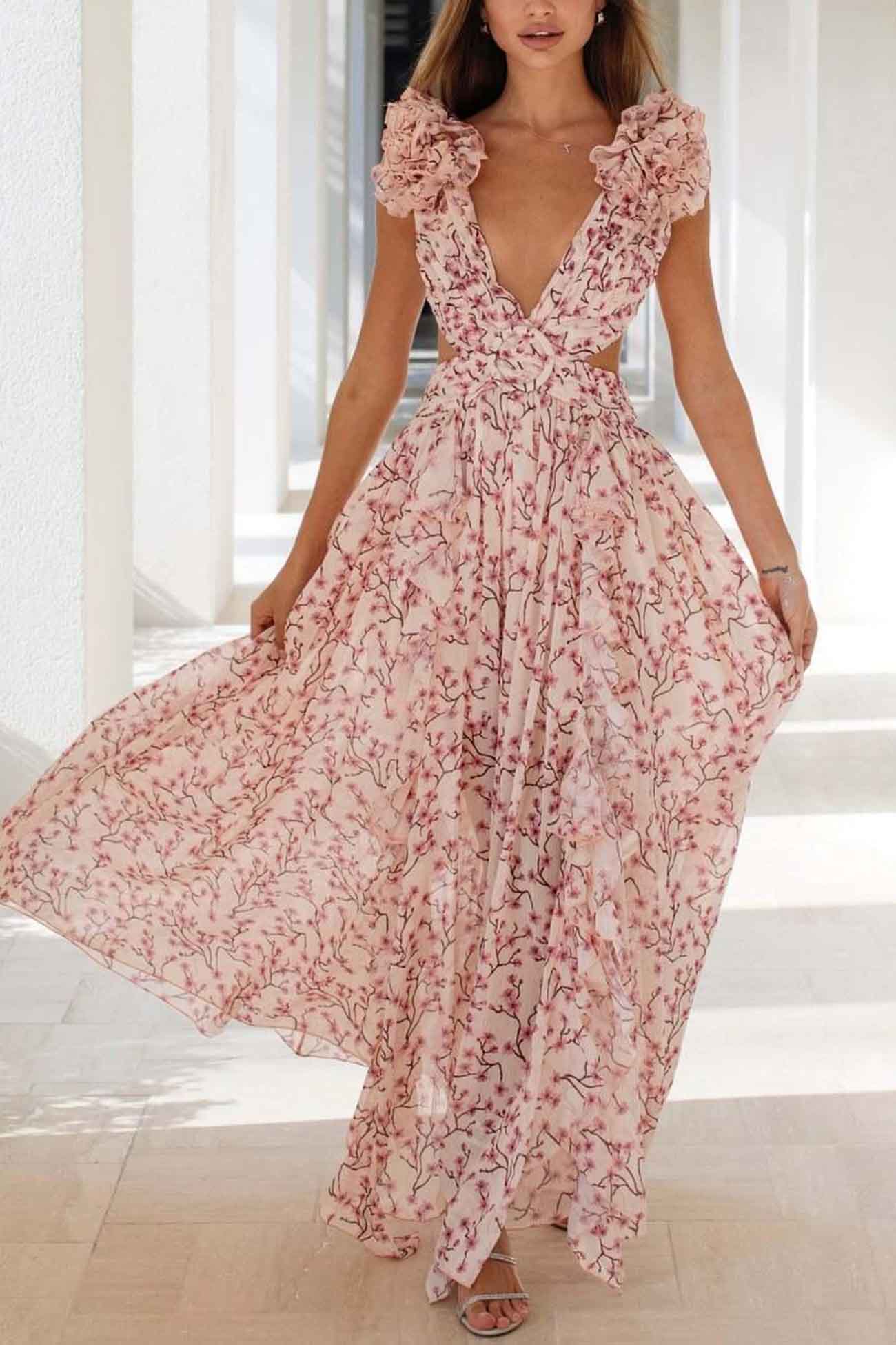 Women’s Belted Button-Down Maxi Dress – Flowy V-Neck Abstract Print