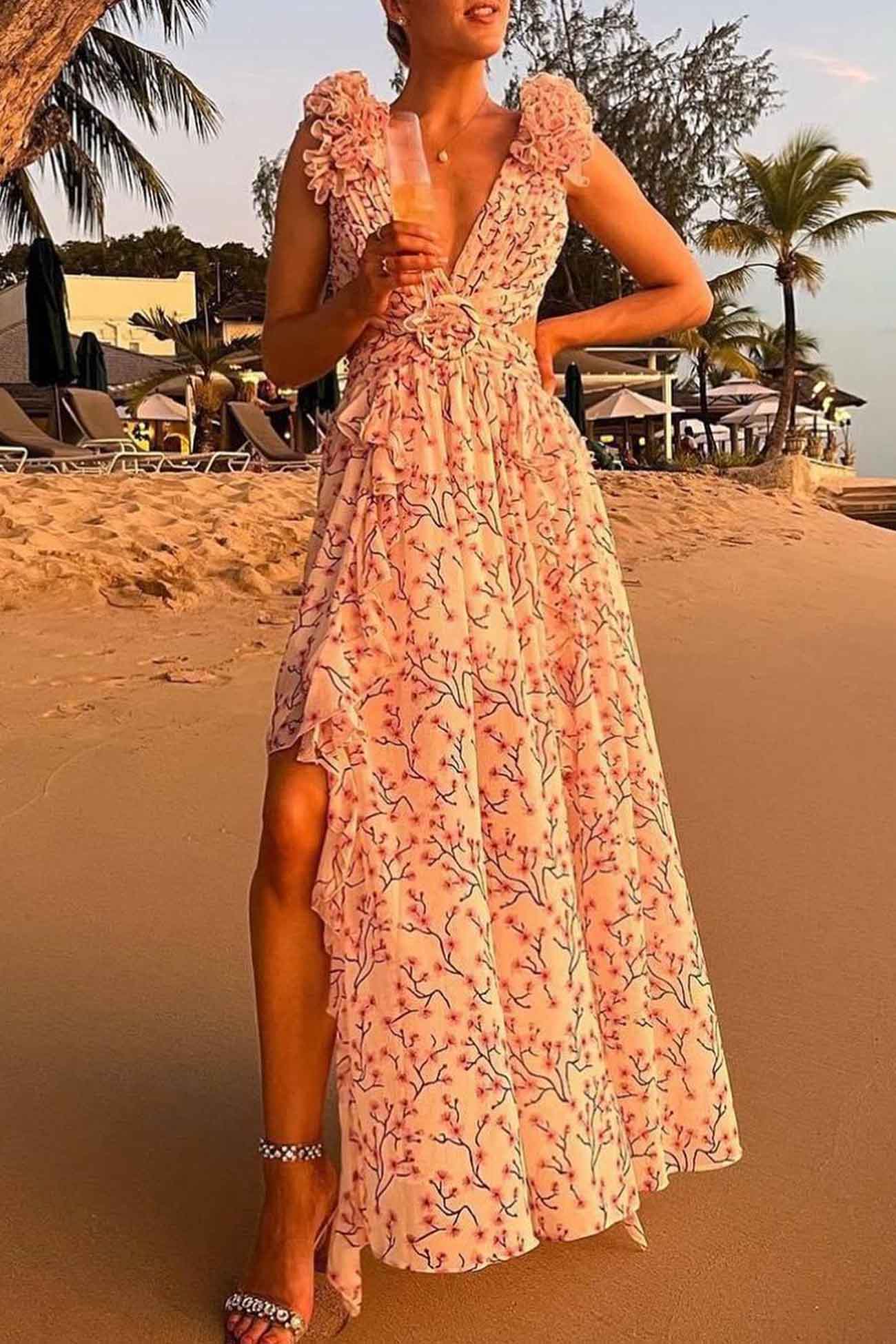 Women’s Belted Button-Down Maxi Dress – Flowy V-Neck Abstract Print