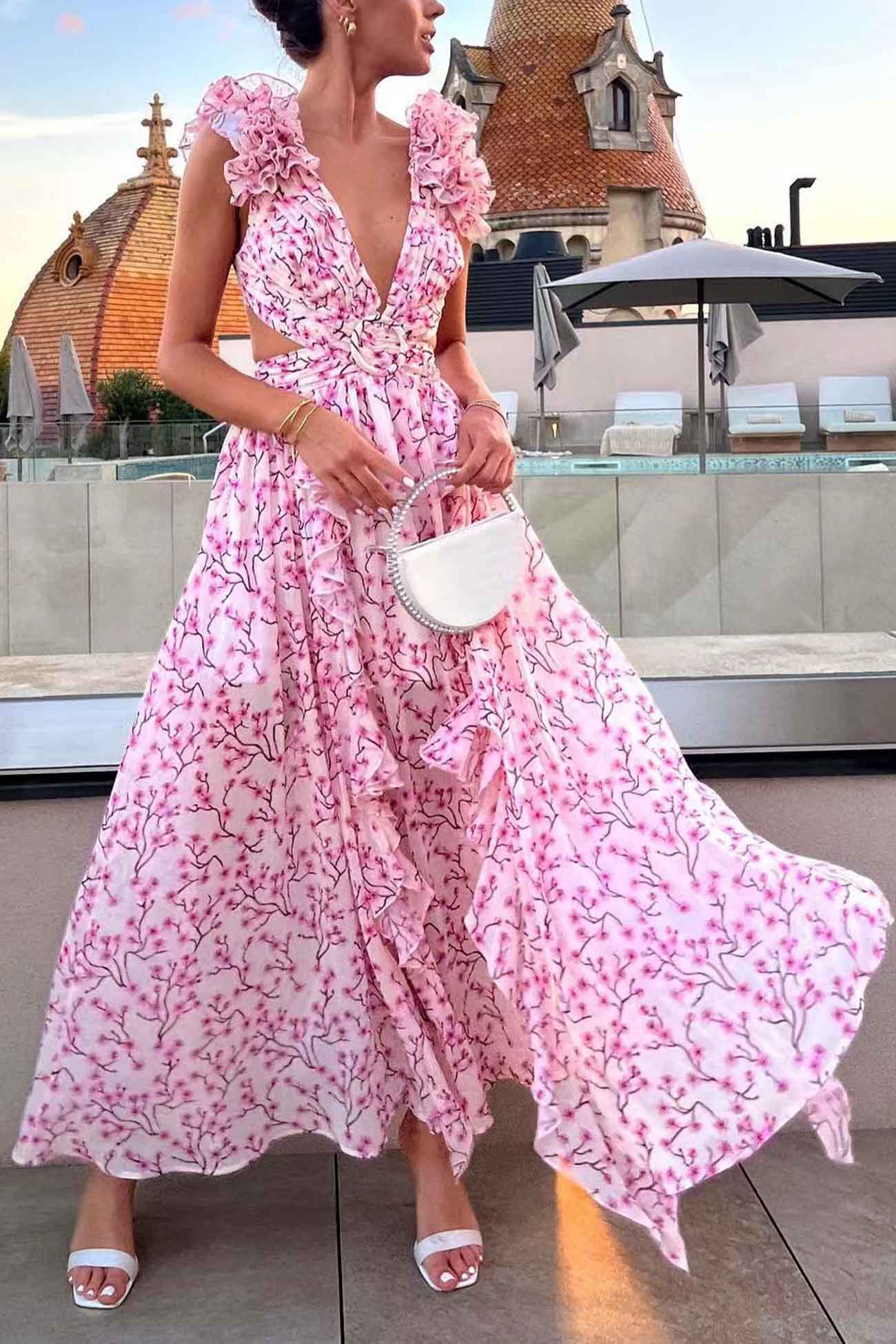 Women’s Belted Button-Down Maxi Dress – Flowy V-Neck Abstract Print