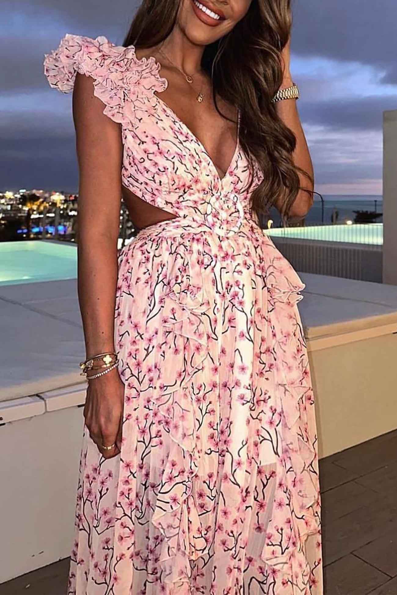 Women’s Belted Button-Down Maxi Dress – Flowy V-Neck Abstract Print