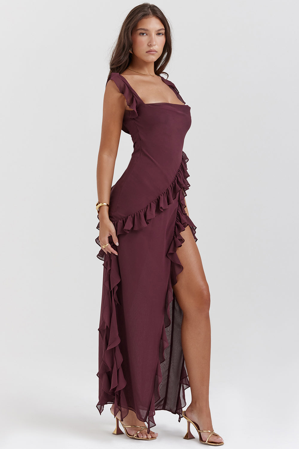 Women’s Elegant Ruffle High Slit Maxi Dress Adjustable Straps