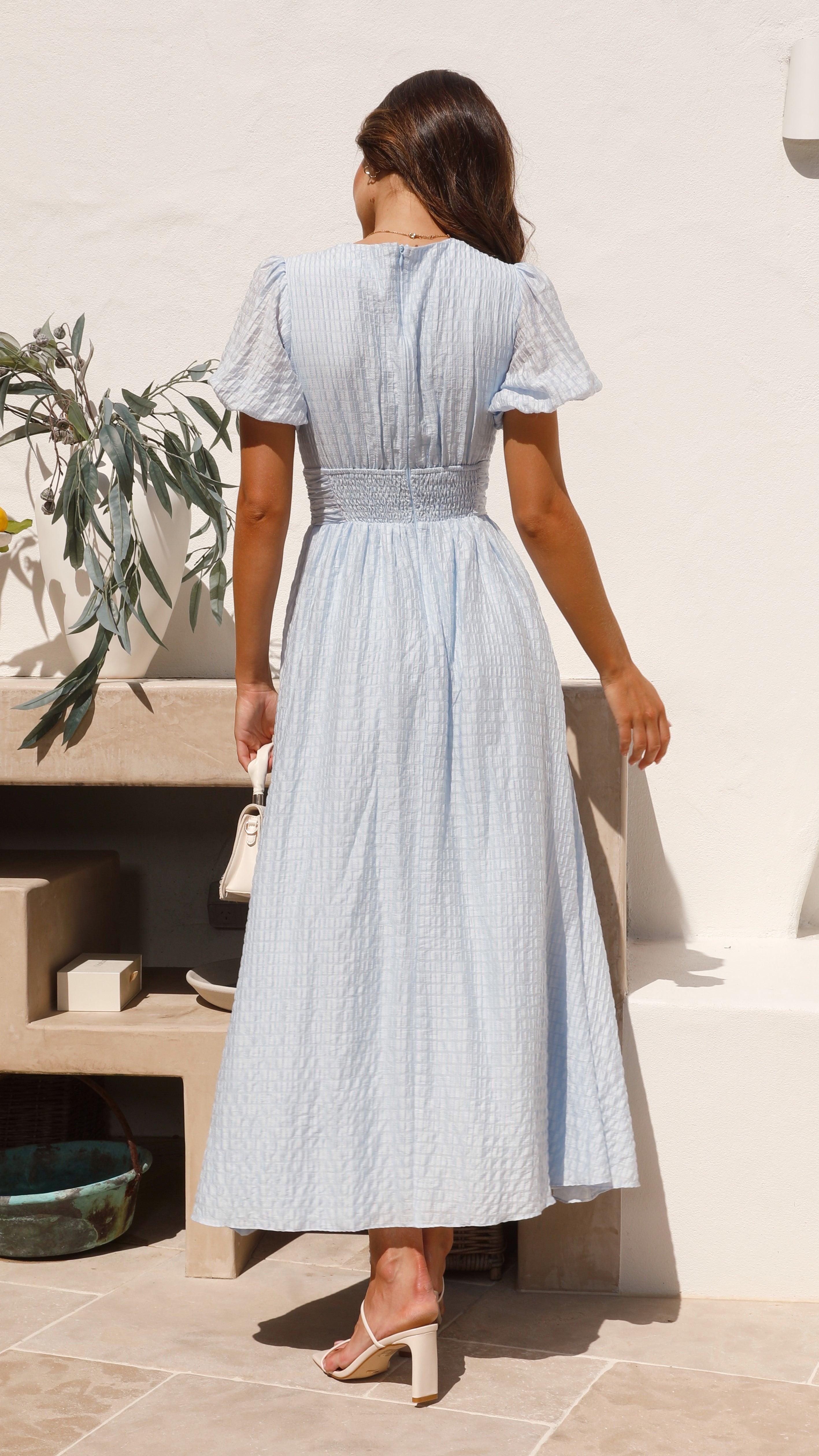 Women’s Gingham Checked V-Neck Maxi Dress – Puff Sleeve Button Front