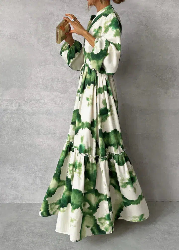 Women’s Long-Sleeve V-Neck Flowy Maxi Dress – Elegant Belted Fit