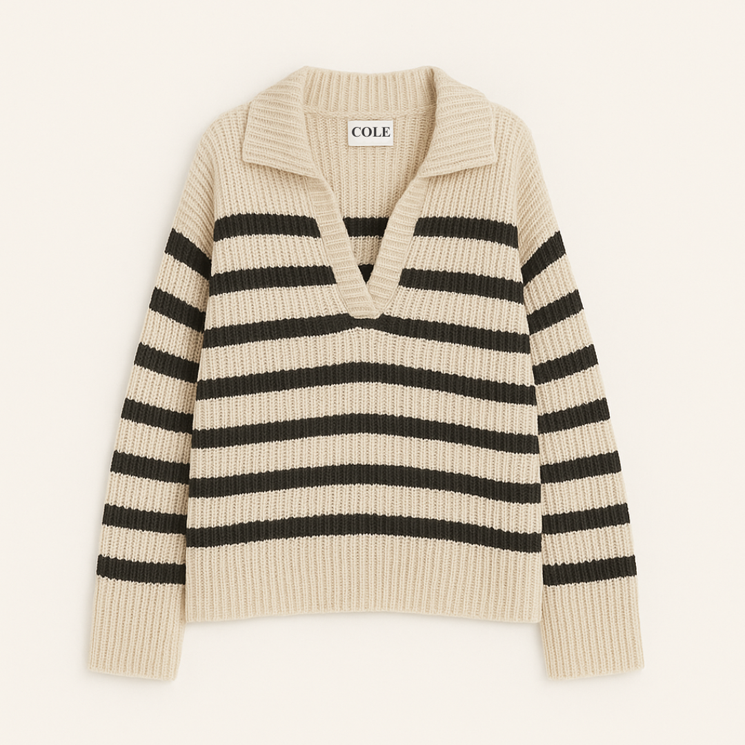 Women's Loose Fit Ribbed Knit V-Neck Sweater in Beige-Cole Clothing-Cole Clothing
