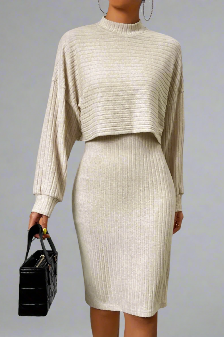 Sophia | Women's ribbed two-piece dress set-Cole Clothing-Apricot-XS-Cole Clothing