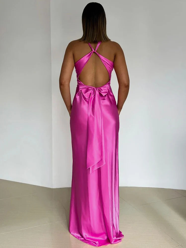 Women’s Satin Halter Neck Evening Gown – Sleeveless Formal Dress