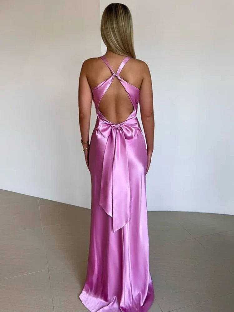 Women’s Satin Halter Neck Evening Gown – Sleeveless Formal Dress