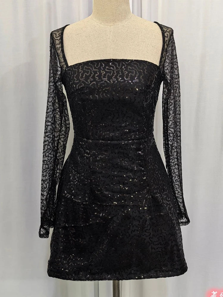 Women’s Sequin Bodycon Mini Prom Dress – Square Neck Long Sleeve