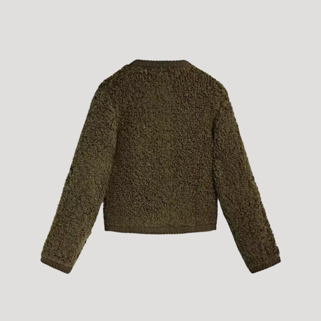 Women’s boucle knit cardigan with button up front and round neck for autumn layering