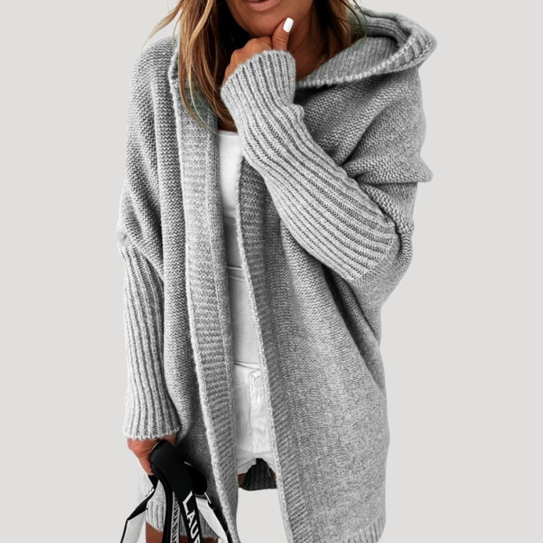 Women’s chunky knit longline hooded cardigan with open front