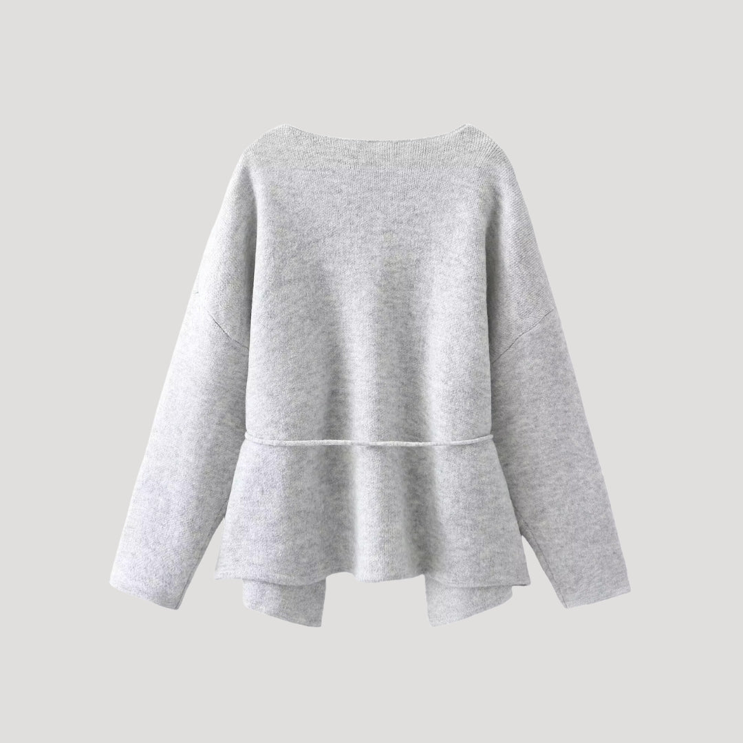 Women’s knit belted cardigan with peplum hem and V neck wrap style