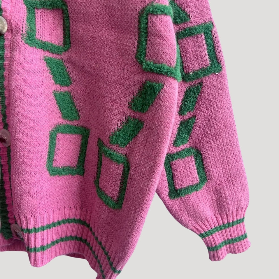 Women’s oversized graphic knit cardigan with v neck button up front
