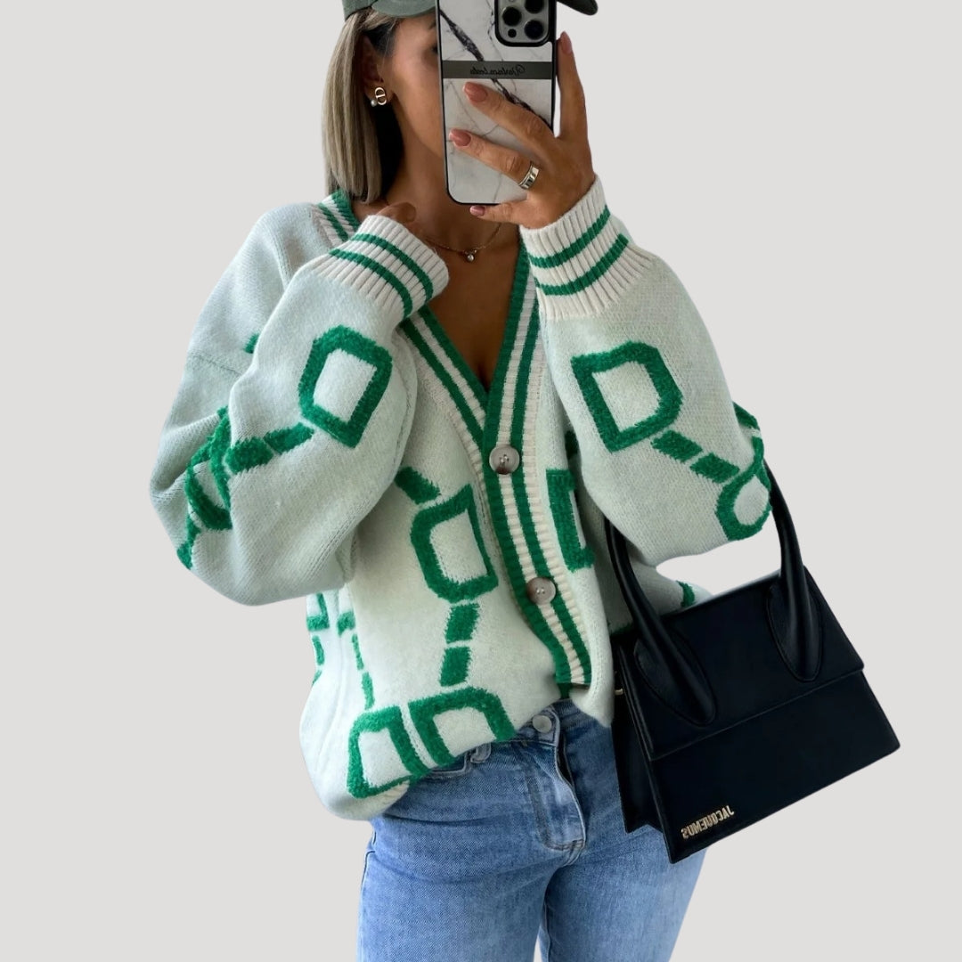Women’s oversized graphic knit cardigan with v neck button up front