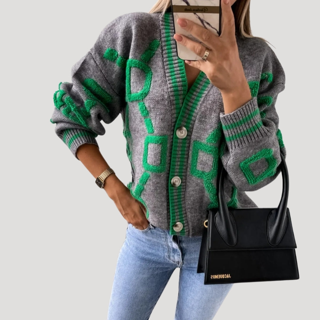 Women’s oversized graphic knit cardigan with v neck button up front