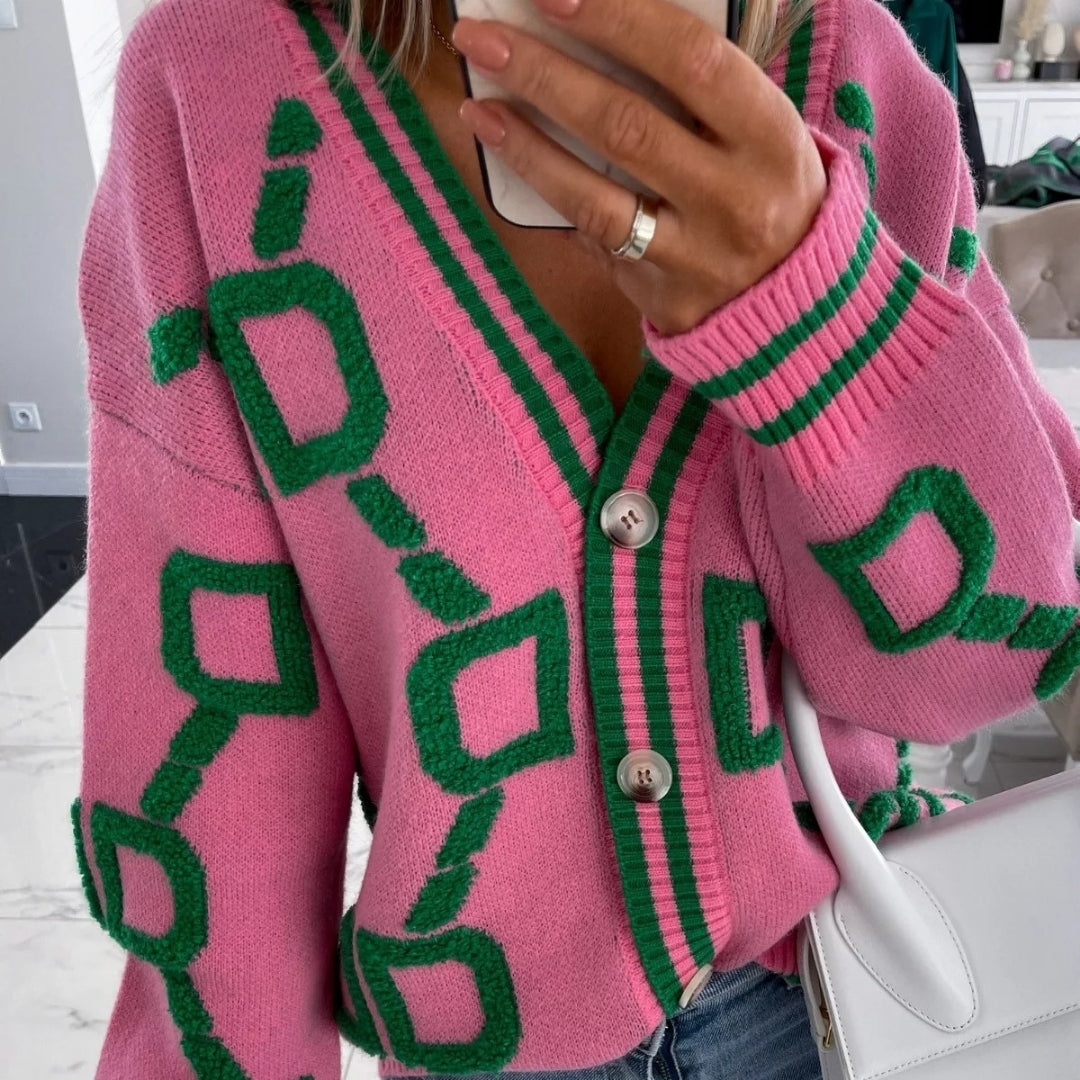 Women’s oversized graphic knit cardigan with v neck button up front