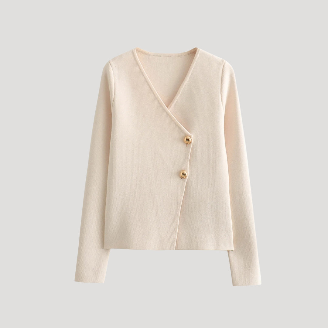 Women’s wrap ribbed knit cardigan with V-neck and gold button front