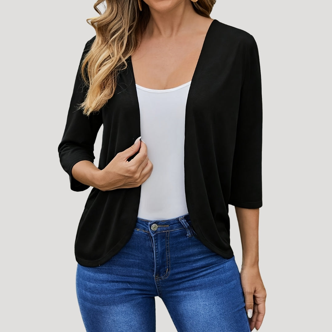 Women’s open front cardigan with three quarter sleeves layering knitwear for office or casual wear