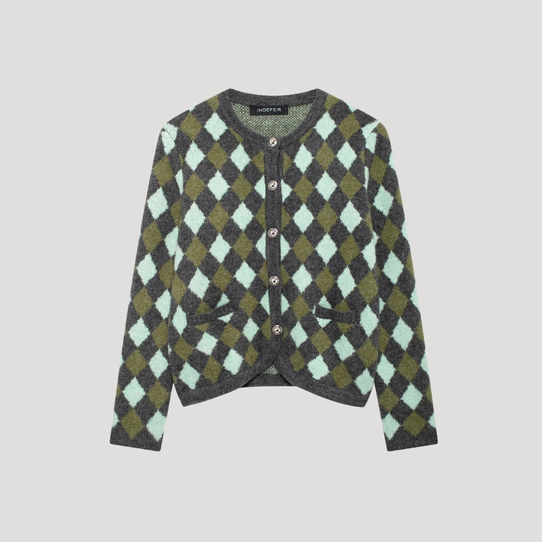 Women’s cropped argyle knit button up cardigan retro spring knitwear top
