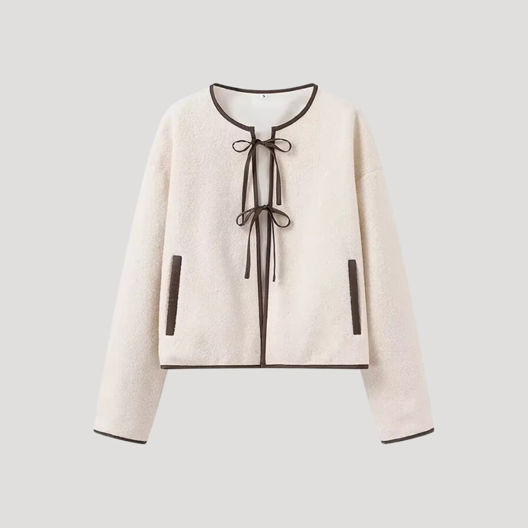 Women's cropped fleece jacket with tie front – long sleeve winter cardigan style