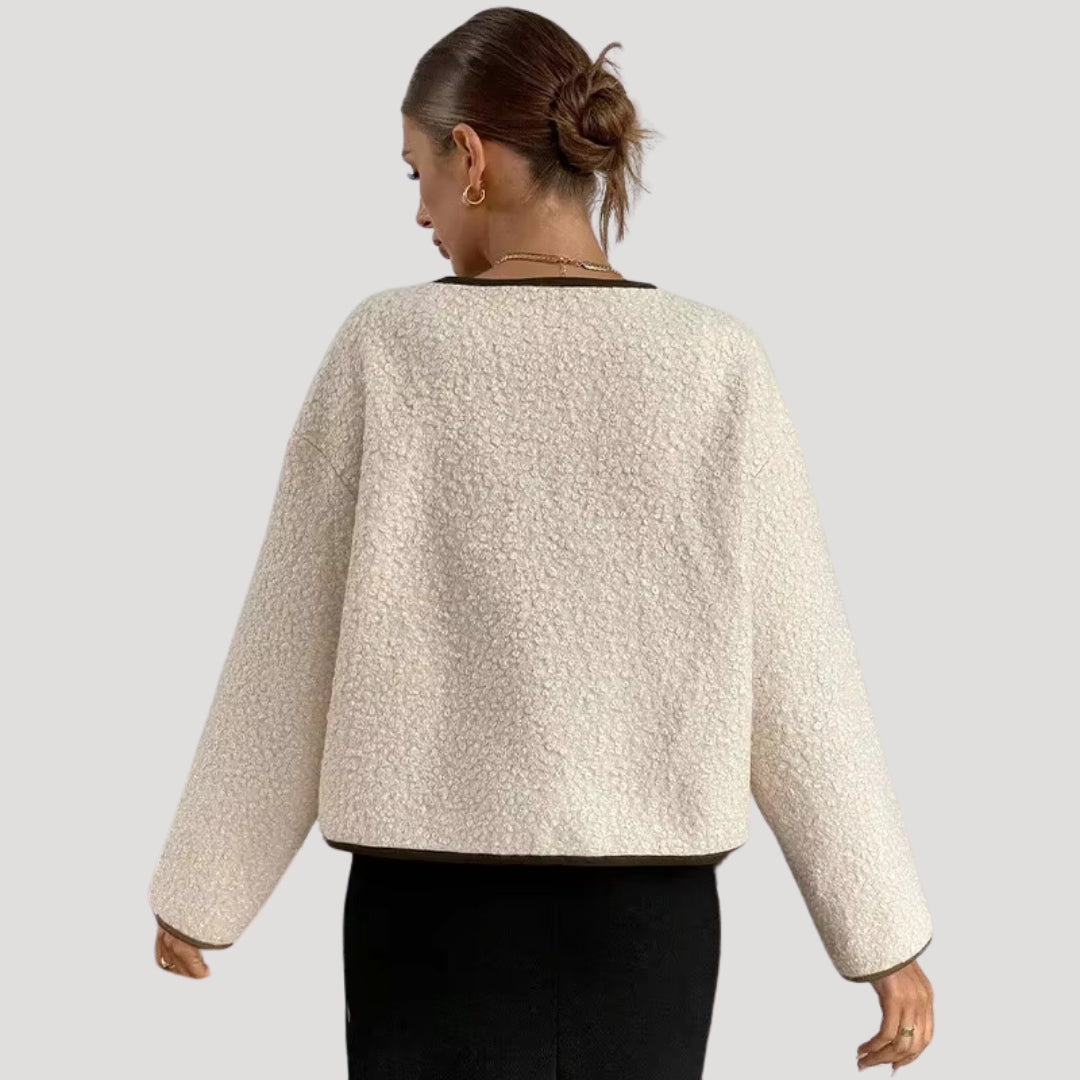 Women's cropped fleece jacket with tie front – long sleeve winter cardigan style