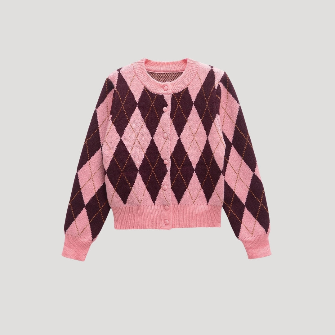 Women’s cropped argyle knit cardigan button up for casual wear or layering
