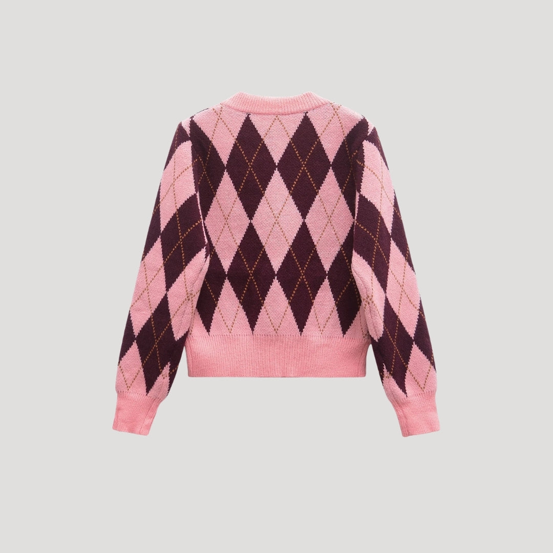 Women’s cropped argyle knit cardigan button up for casual wear or layering