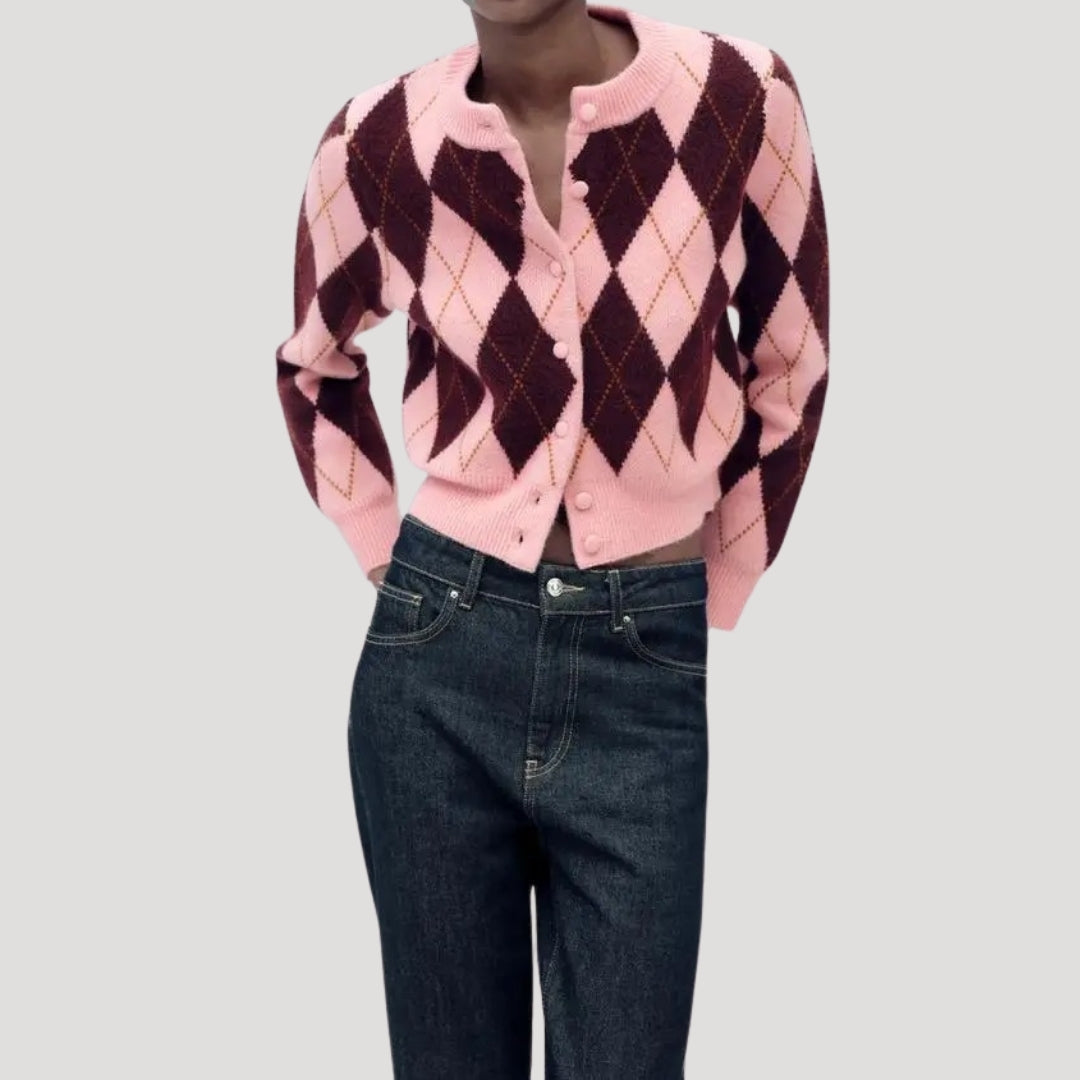 Women’s cropped argyle knit cardigan button up for casual wear or layering