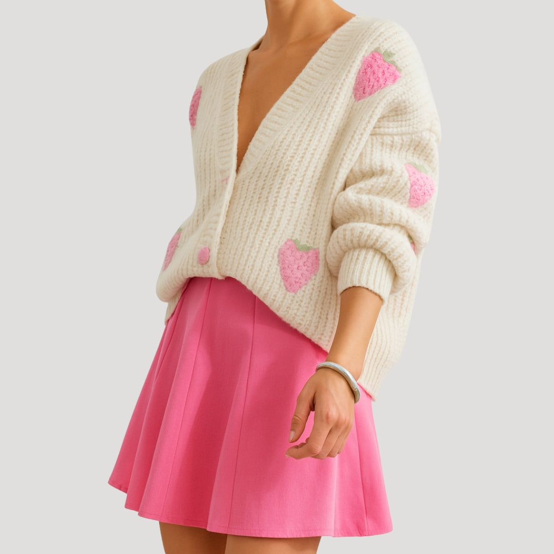 Women’s strawberry knit cardigan with V-neck and button front oversized chunky knit