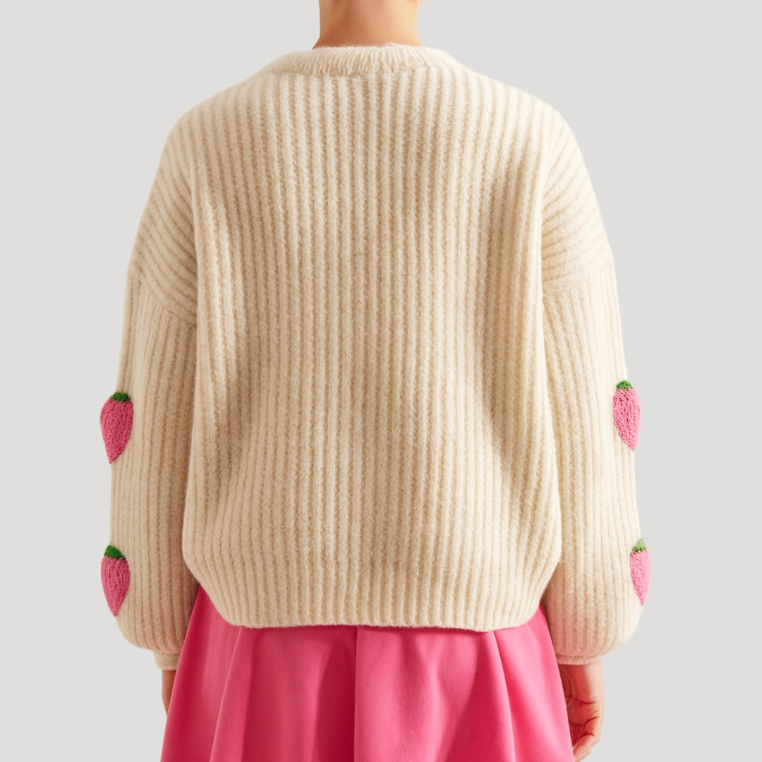 Women’s strawberry knit cardigan with V-neck and button front oversized chunky knit