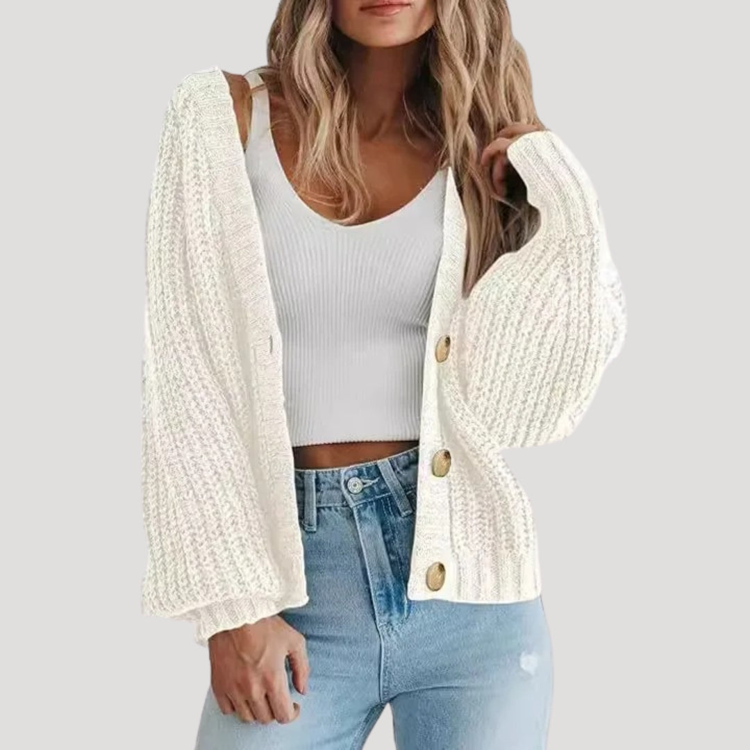 Women’s cropped chunky knit cardigan with button front casual ribbed knitwear