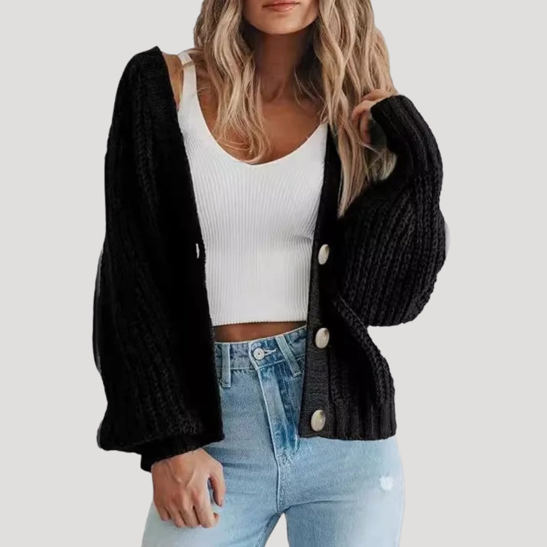 Women’s cropped chunky knit cardigan with button front casual ribbed knitwear