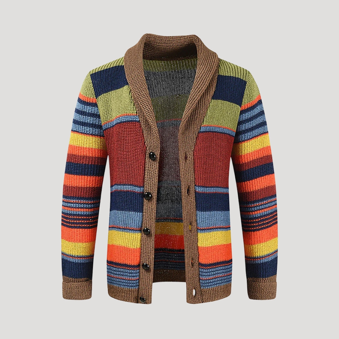 Women’s chunky knit shawl collar cardigan with striped pattern and wooden buttons