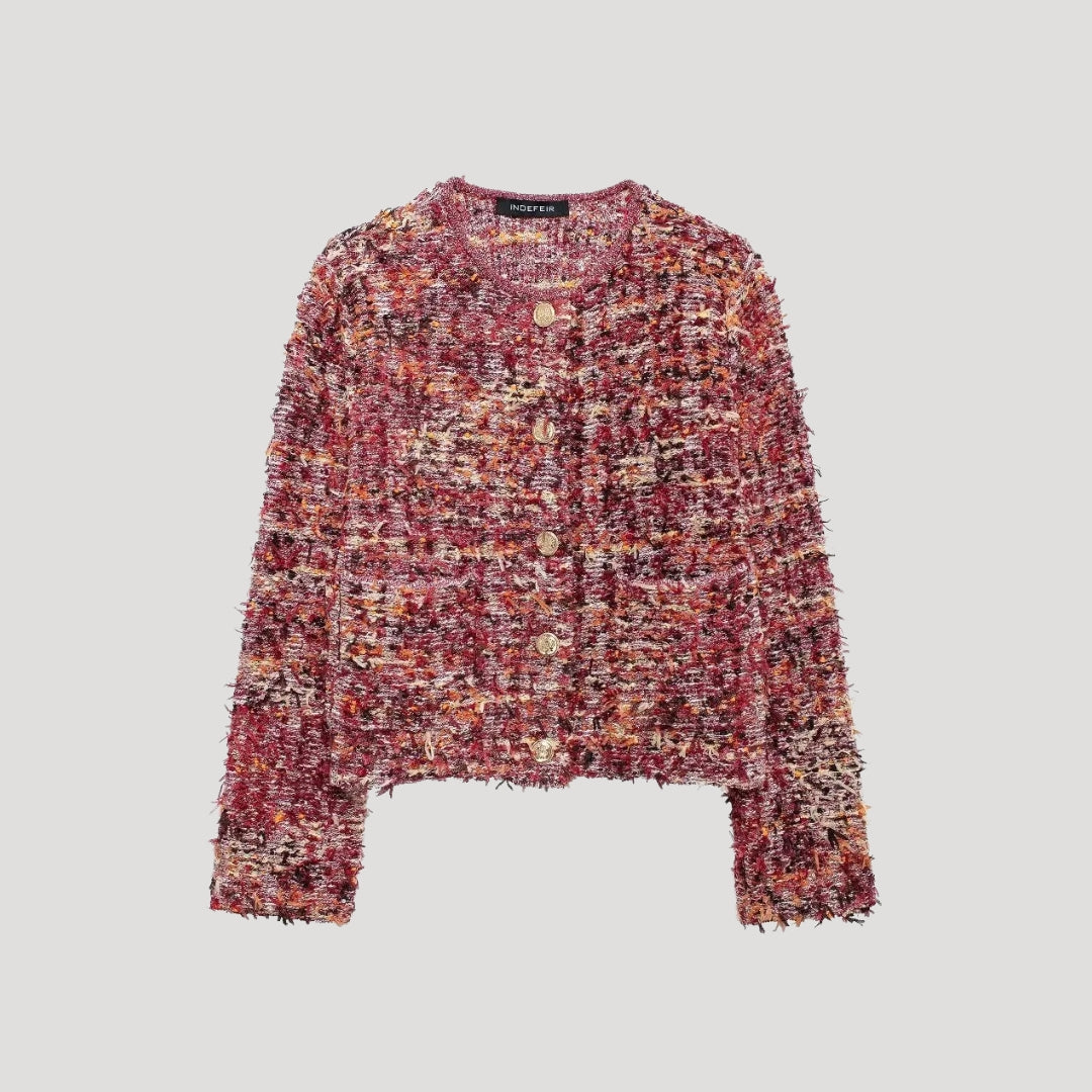 Women’s cropped tweed cardigan textured knit jacket with gold tone button detail