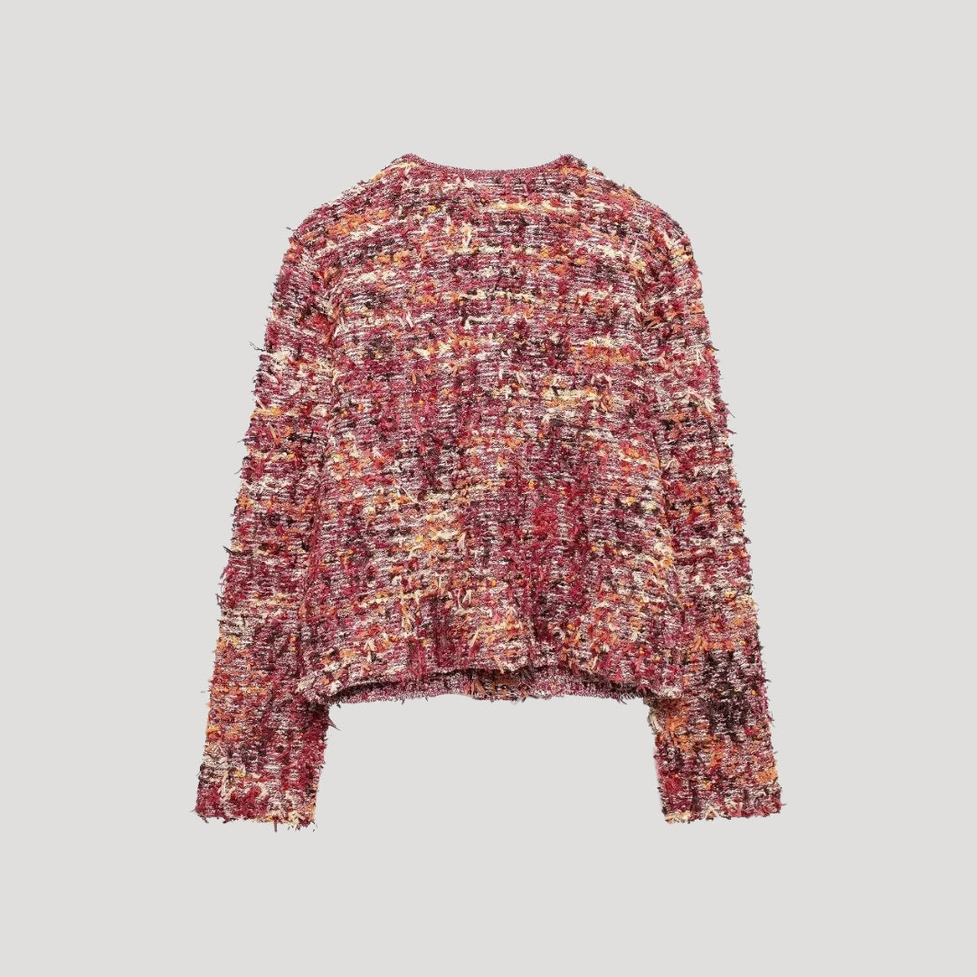 Women’s cropped tweed cardigan textured knit jacket with gold tone button detail