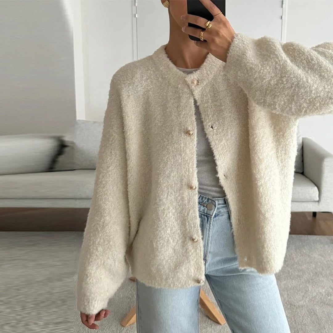 Women’s bouclé button up cardigan oversized knit for casual and smart layering