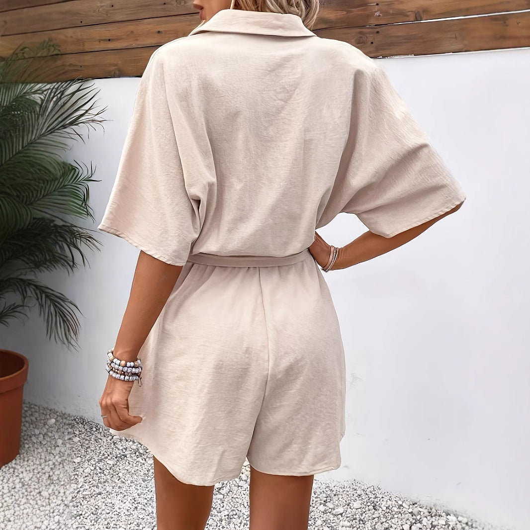 Cotton Belted Romper – Short Sleeve Button-Up Style