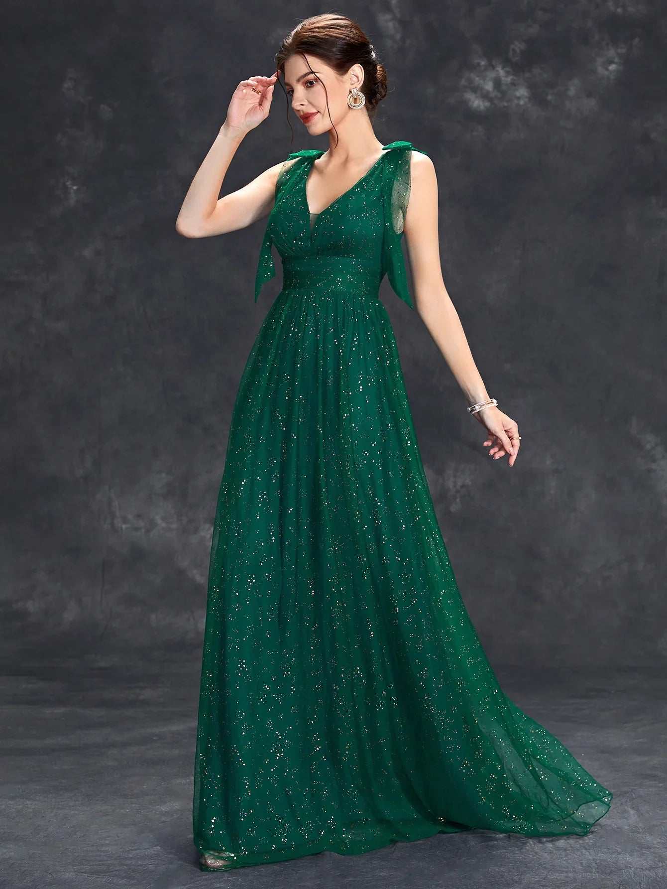 Glitter V-Neck Evening Gown Sleeveless Floor-Length Prom Dress