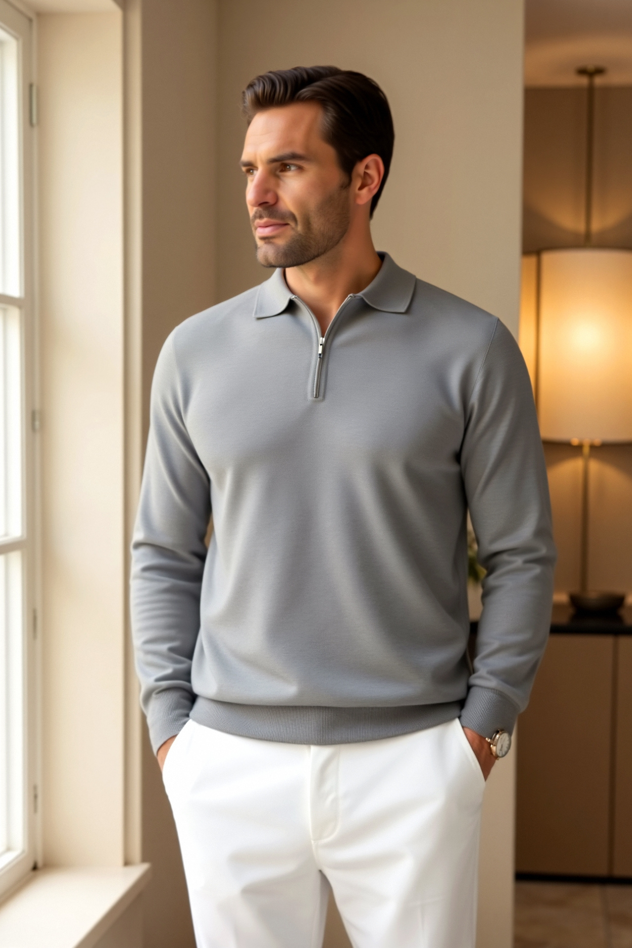 Smart Long Sleeve Zipper Polo T-shirt-Cole Clothing-Gray-XS-Cole Clothing