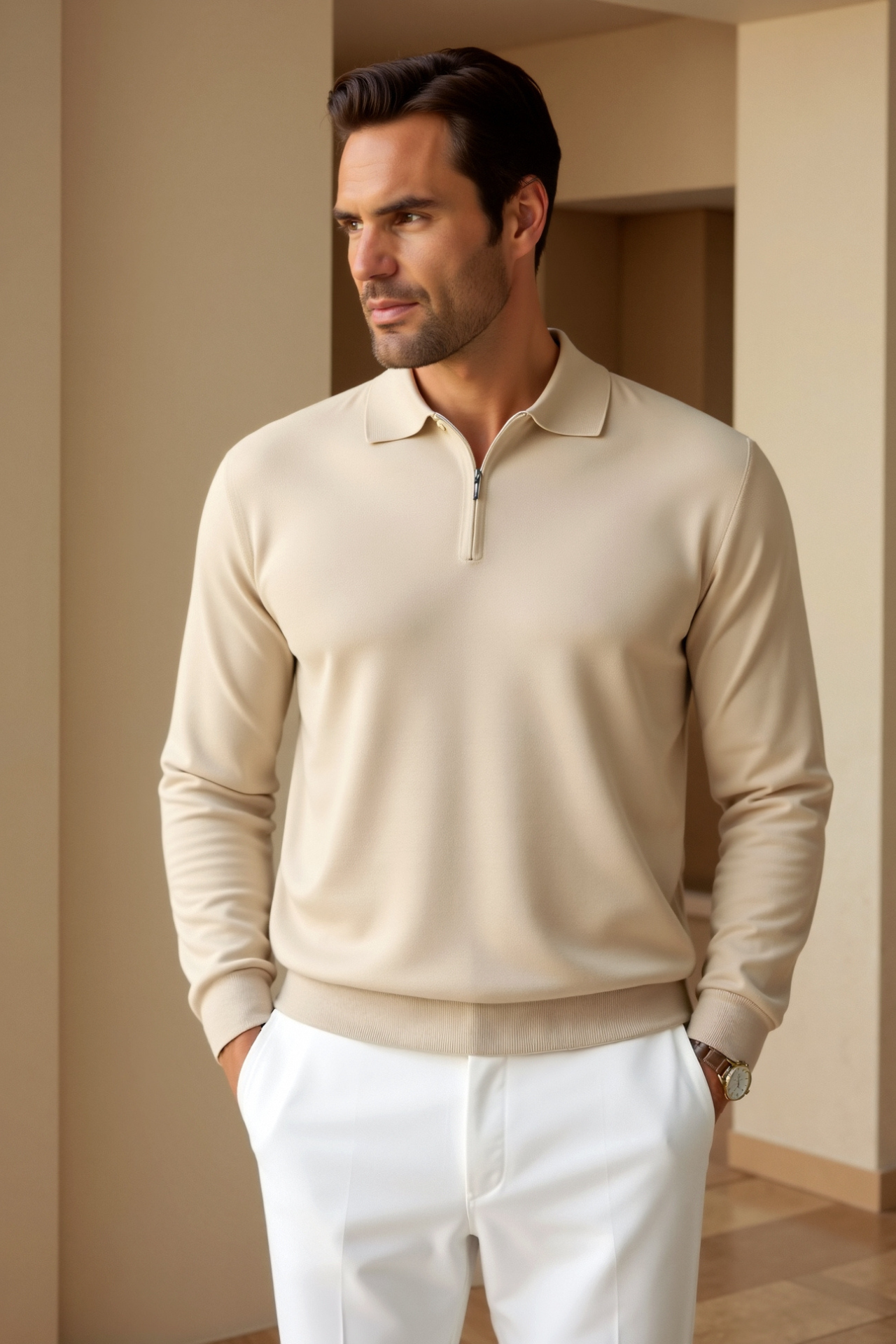 Smart Long Sleeve Zipper Polo T-shirt-Cole Clothing-Beige-XS-Cole Clothing