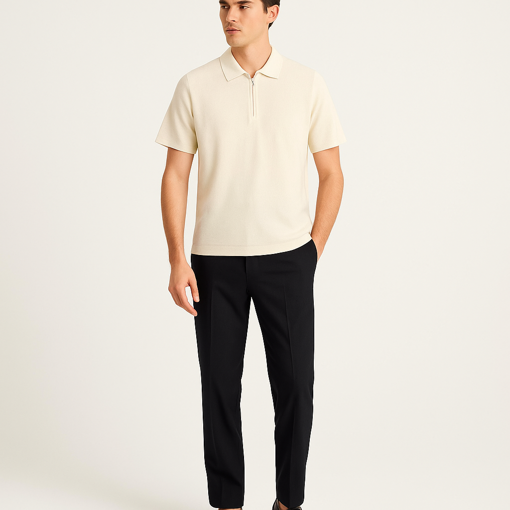 Men's Quarter Zip Polo Shirt – Short Sleeve Old Money Style-Cole Clothing-Cream-S-Cole Clothing