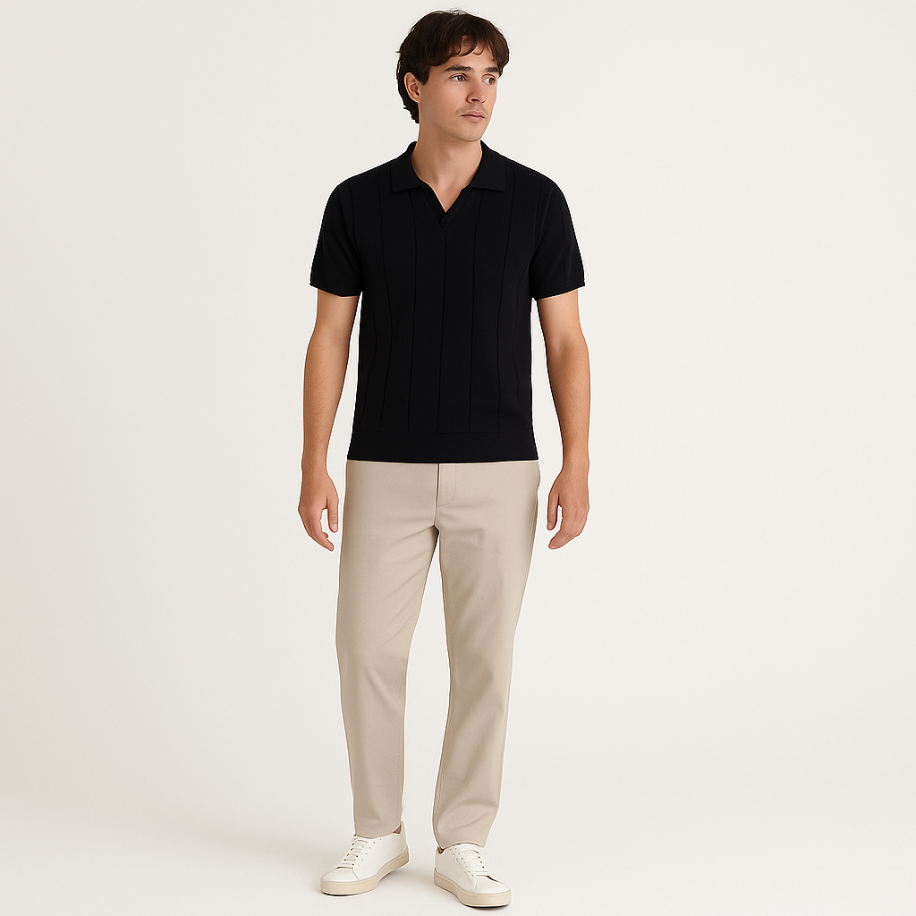 Men's Ribbed Polo Shirt – Slim Fit Casual Summer Top-Cole Clothing-Black-S-Cole Clothing