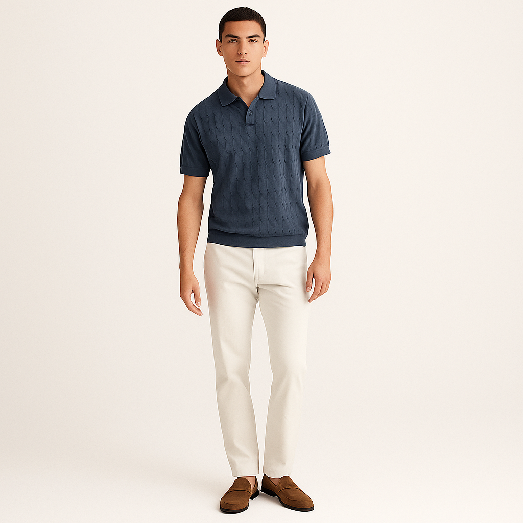 Men's V-Neck Cable Polo Shirt – Summer Top-Cole Clothing-Blue-XS-Cole Clothing