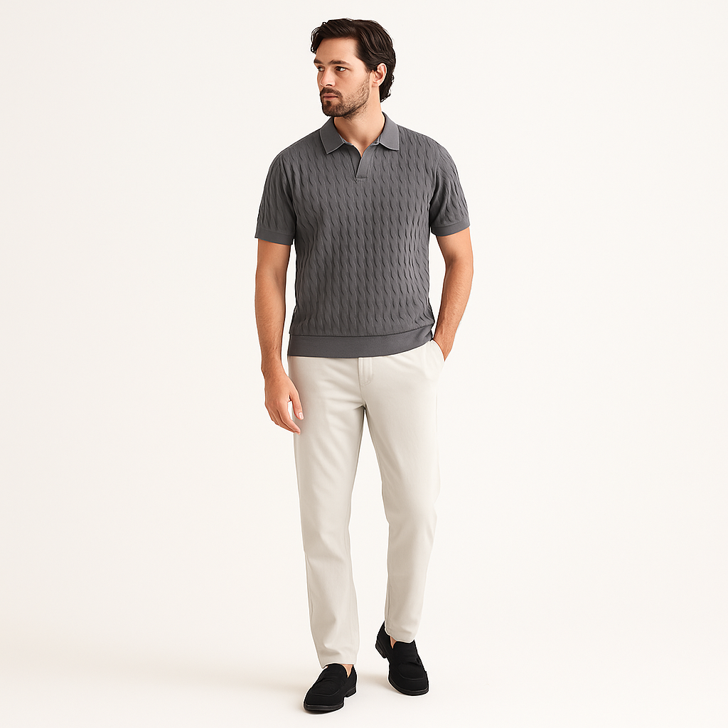 Men's V-Neck Cable Polo Shirt – Summer Top-Cole Clothing-Gray-XS-Cole Clothing