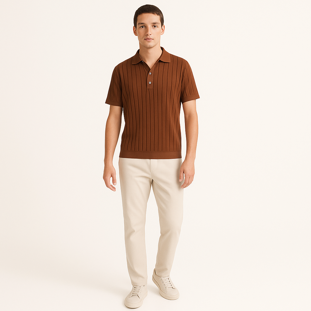 Men's Vertical Stripe Button-Up Polo Shirt – Smart Casual Summer Top-Cole Clothing-Brown-XS-Cole Clothing