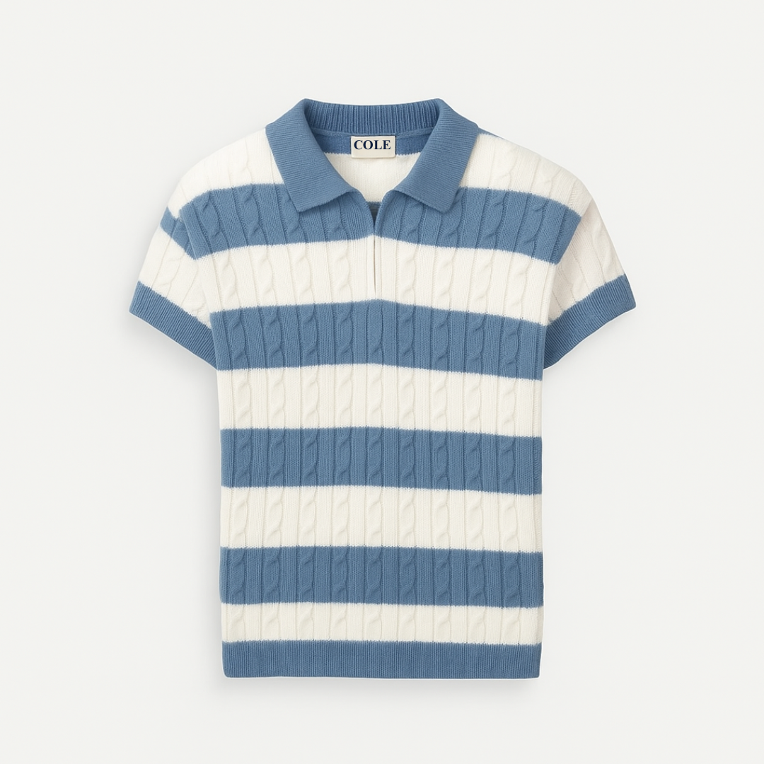 Men’s White & Blue Cable Knit Short Sleeve Polo Shirt