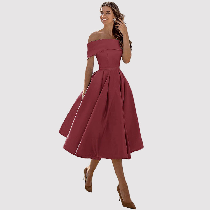 Off-Shoulder Pleated A-Line Midi Dress – Perfect for Weddings and Formal Events