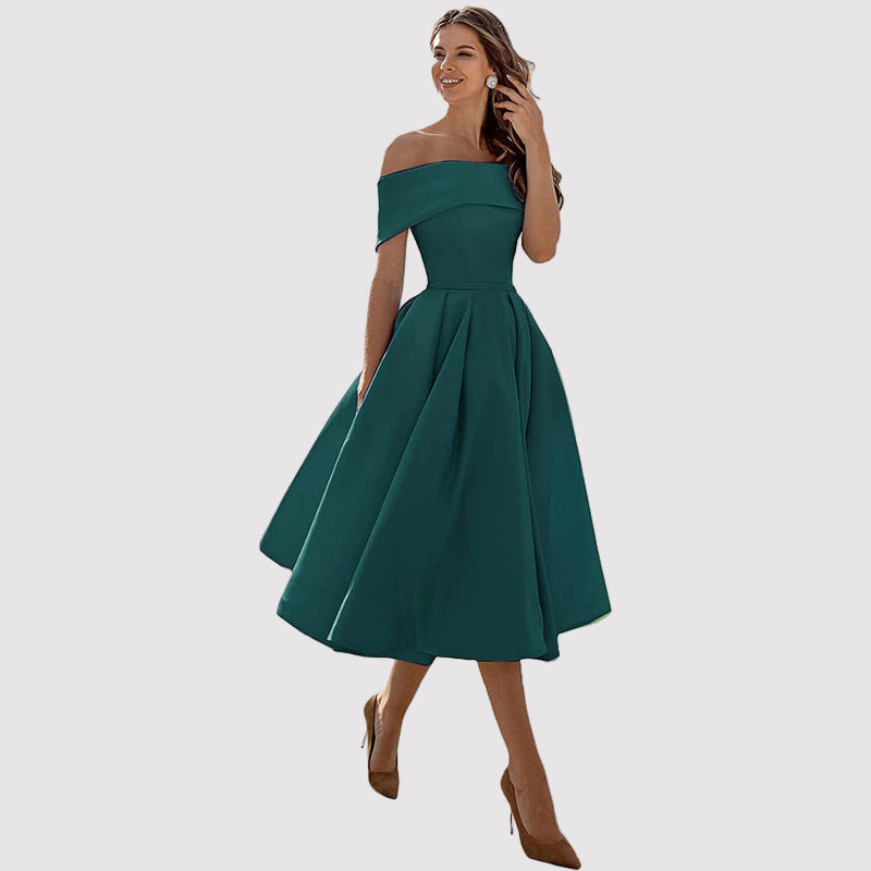 Off-Shoulder Pleated A-Line Midi Dress – Perfect for Weddings and Formal Events