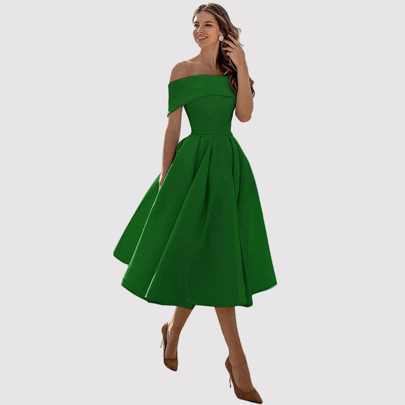 Off-Shoulder Pleated A-Line Midi Dress – Perfect for Weddings and Formal Events